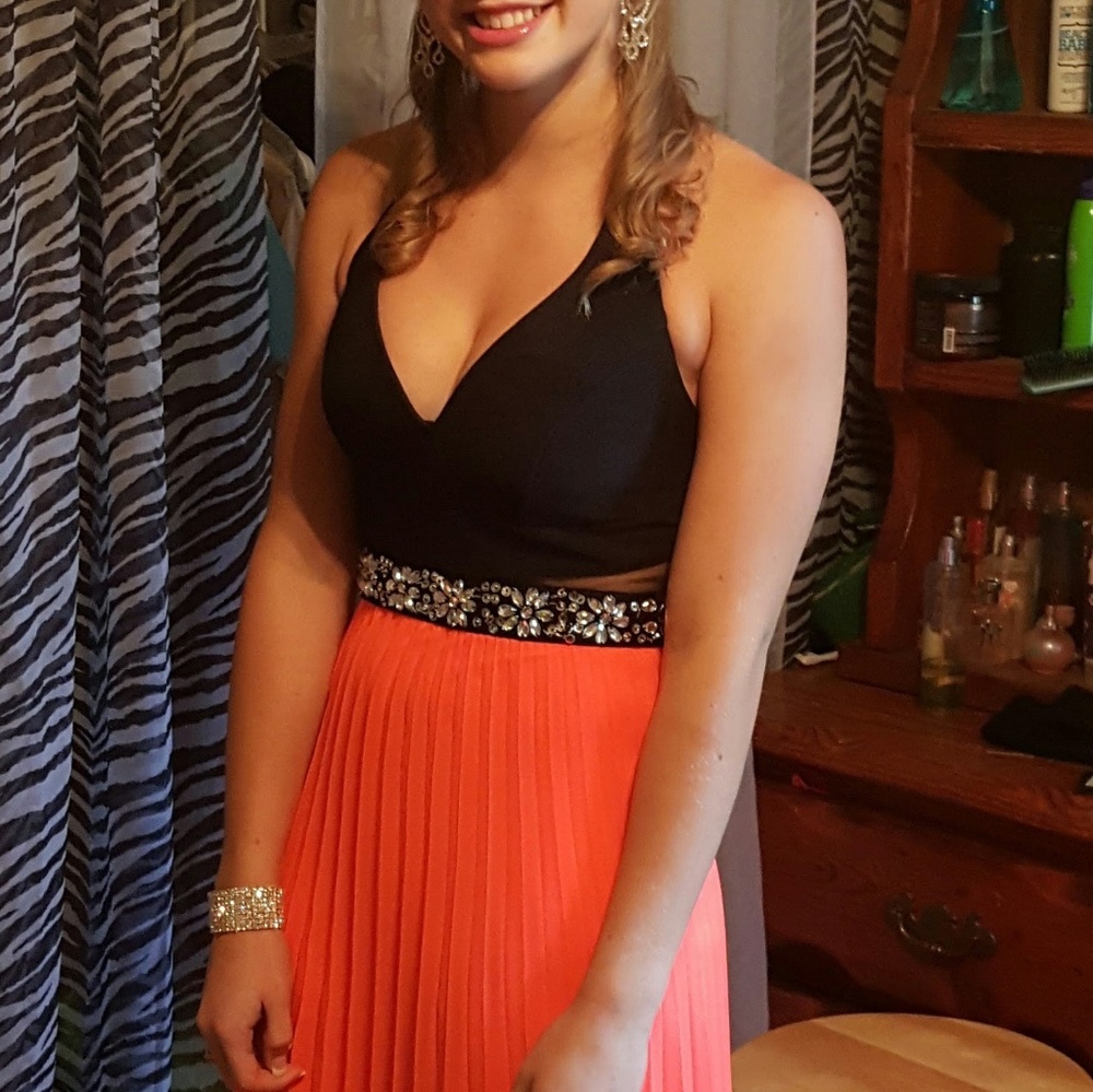 Coral & black prom dress